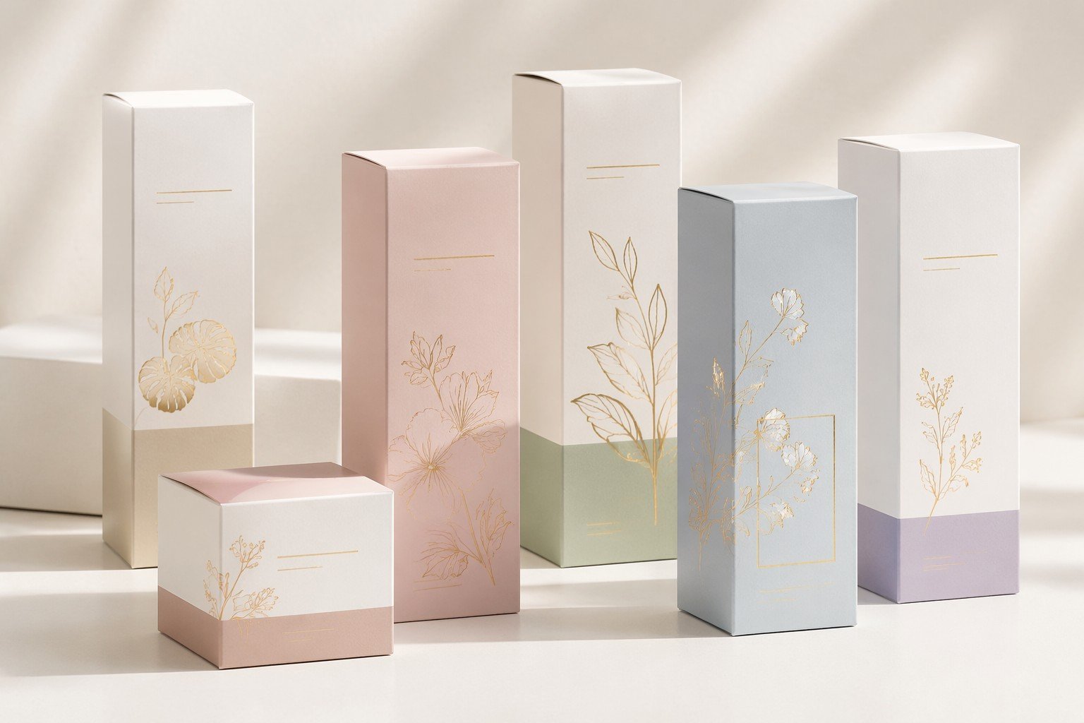 Custom beauty packaging costs — folding cartons for skincare products with matte finish and foil accents