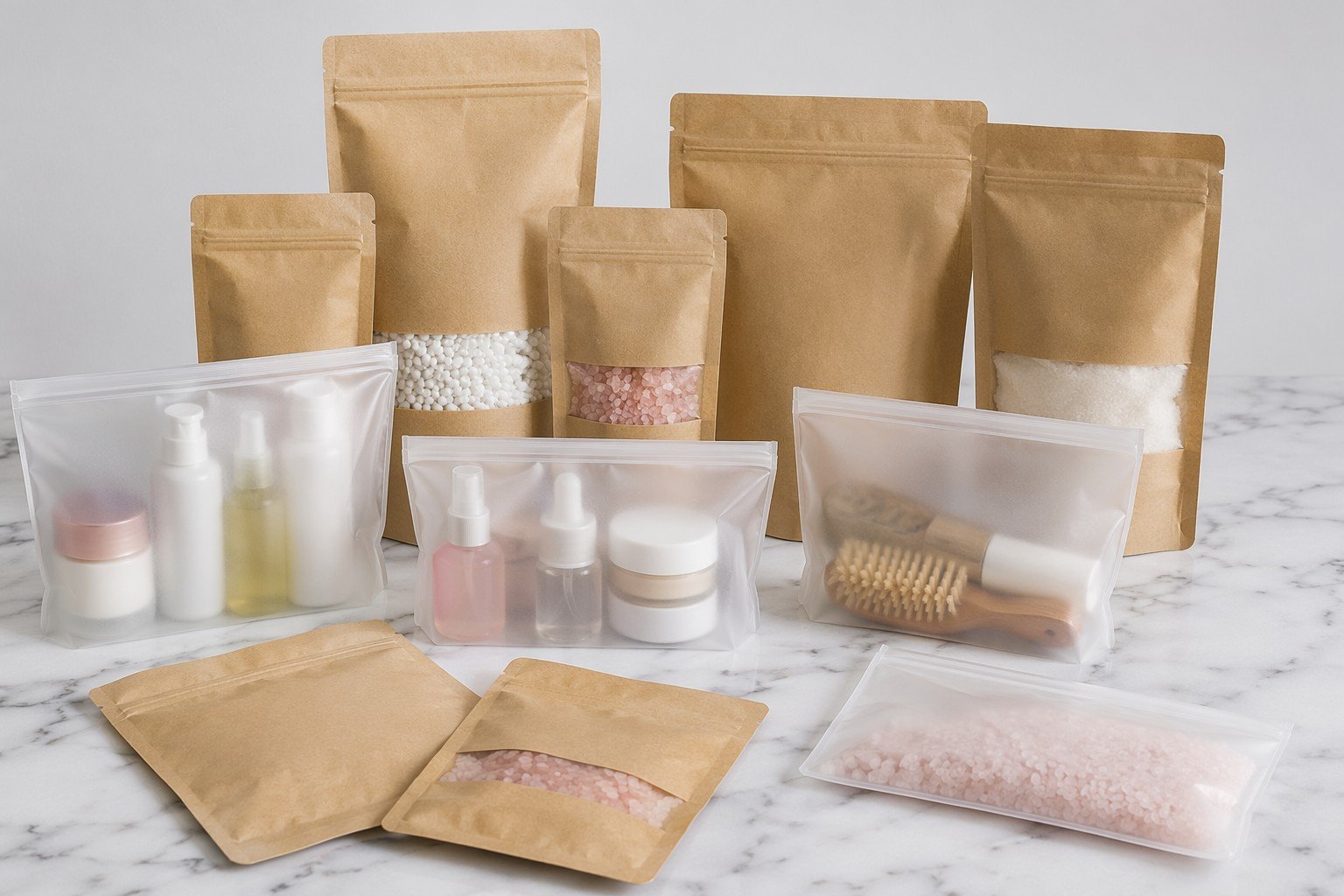 Cosmetic pouch packaging manufacturer — custom stand-up kraft and frosted zip pouches for beauty brands
