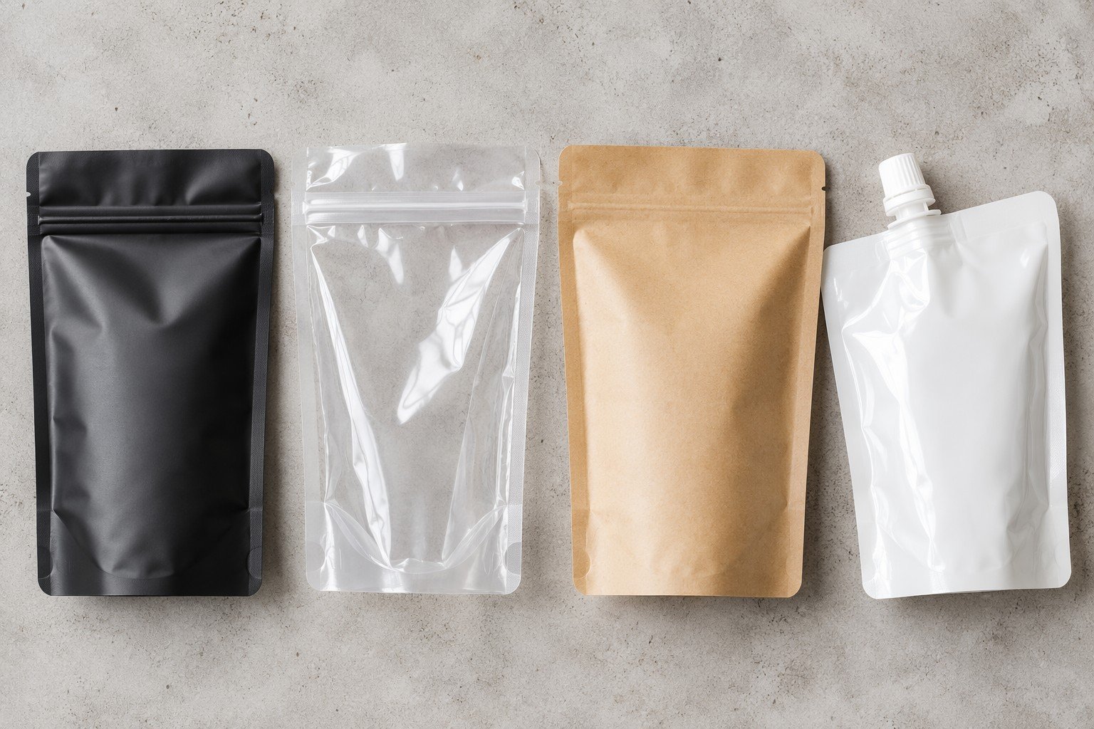 Cosmetic pouch packaging manufacturer — material samples including foil, kraft, clear and spout pouches