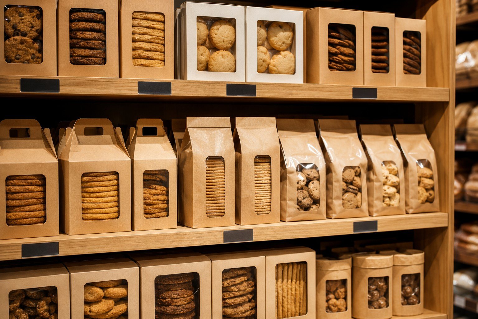 Paper packaging — supermarket shelf with cookies and biscuits in kraft paperboard and window-patched cartons