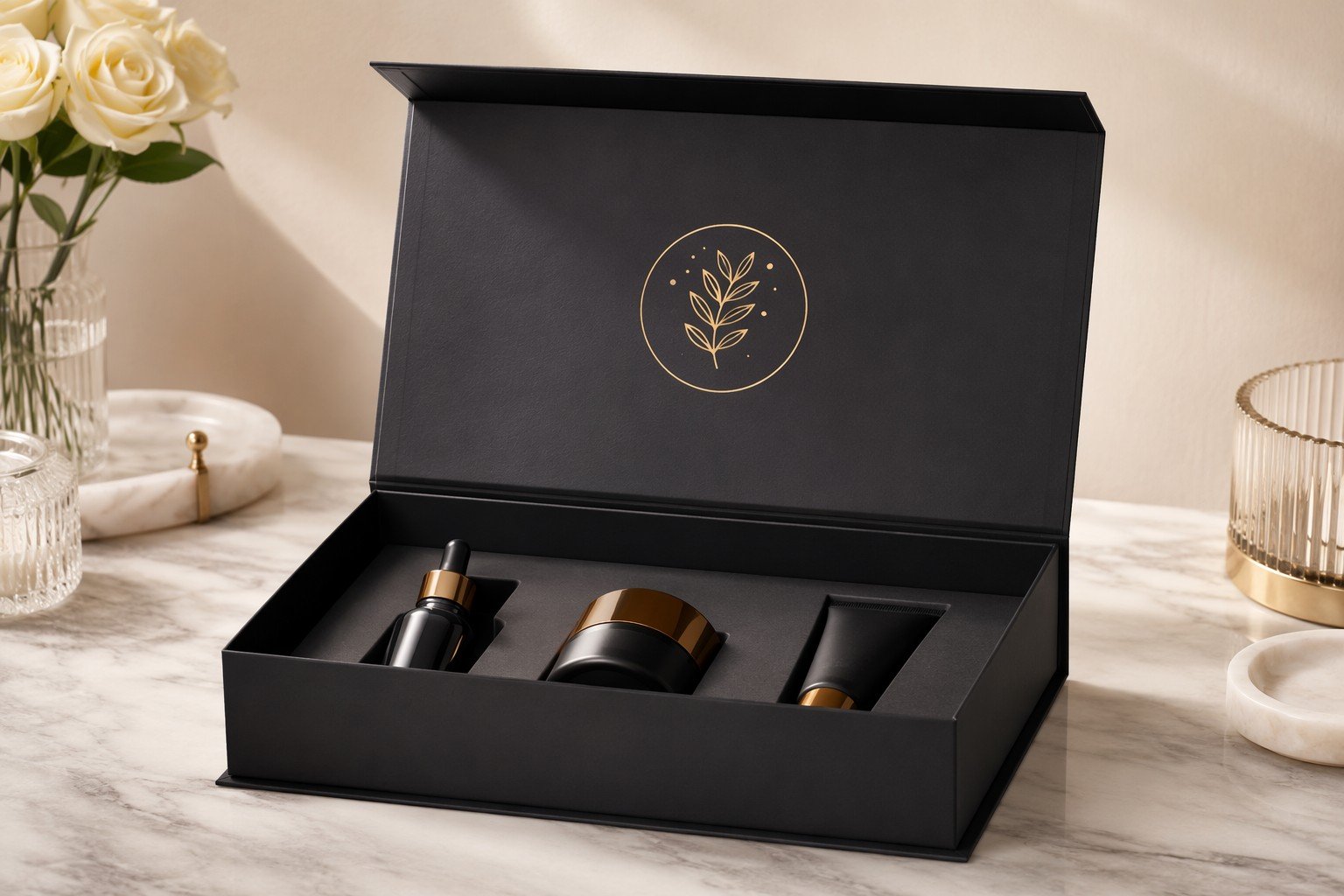 Rigid gift boxes wholesale — luxury magnetic closure box with gold foil stamping for beauty brands
