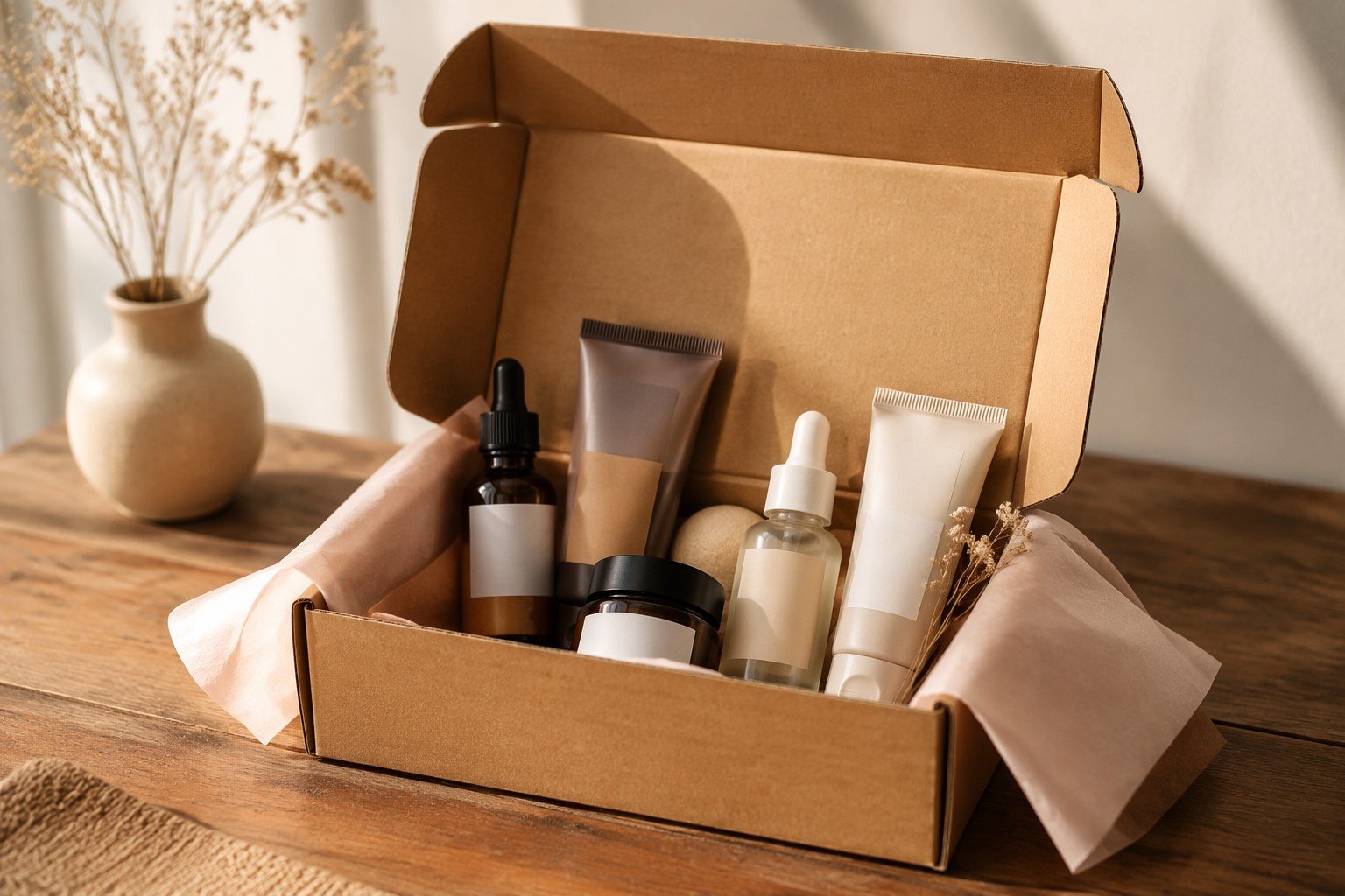 Custom mailer boxes for subscription brands — kraft corrugated mailer box with tissue paper and skincare products for unboxing experience