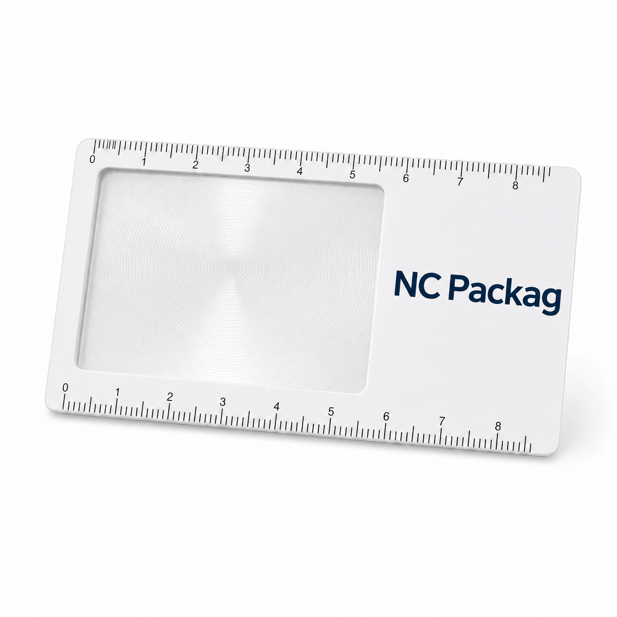 White PET magnifying bookmark with Fresnel lens ruler and NC Packag logo