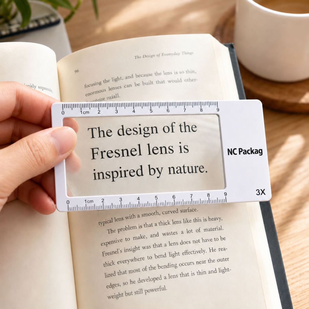 PET magnifying bookmark enlarging book text with NC Packag branding