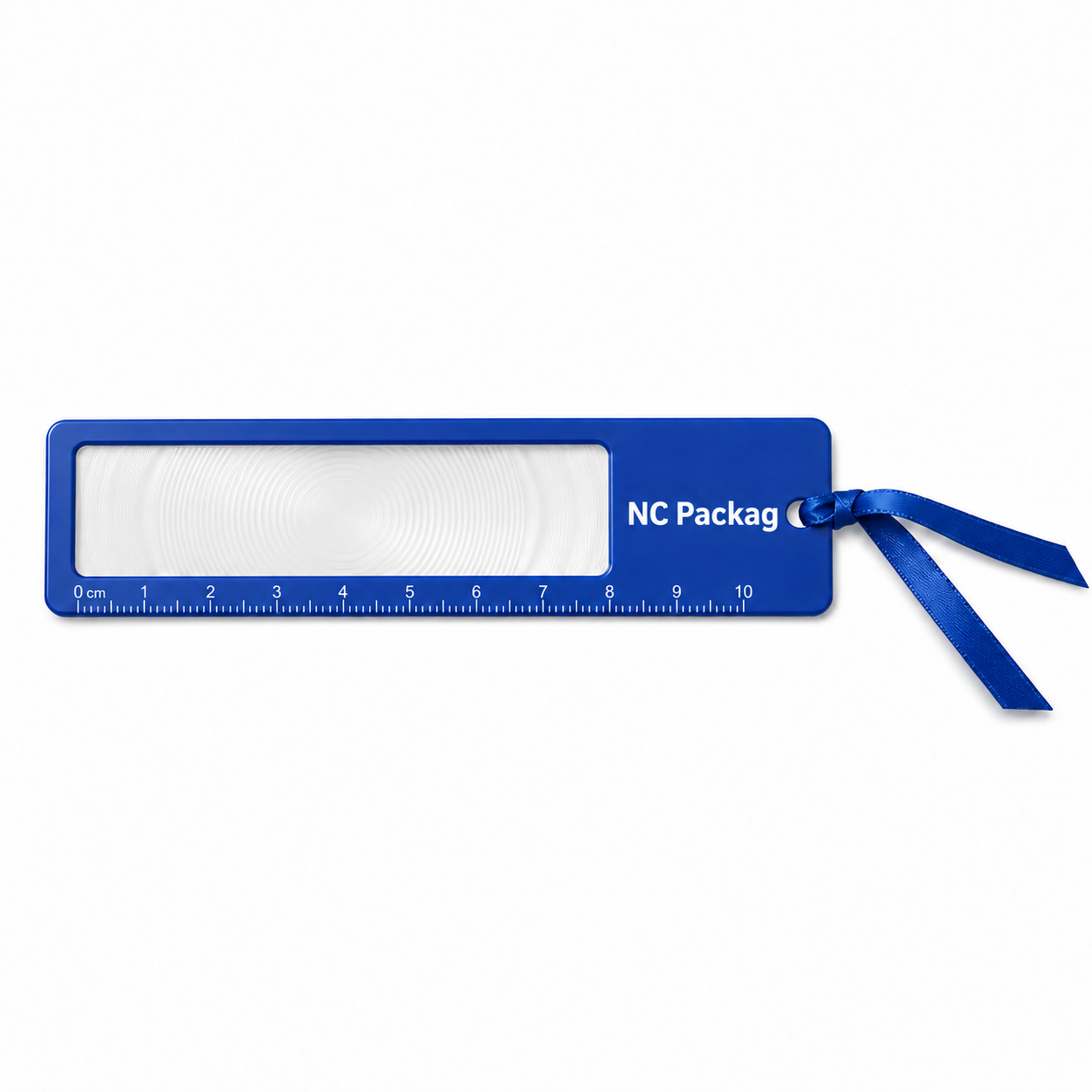 Blue PET magnifying bookmark with ruler custom branding and ribbon tassel